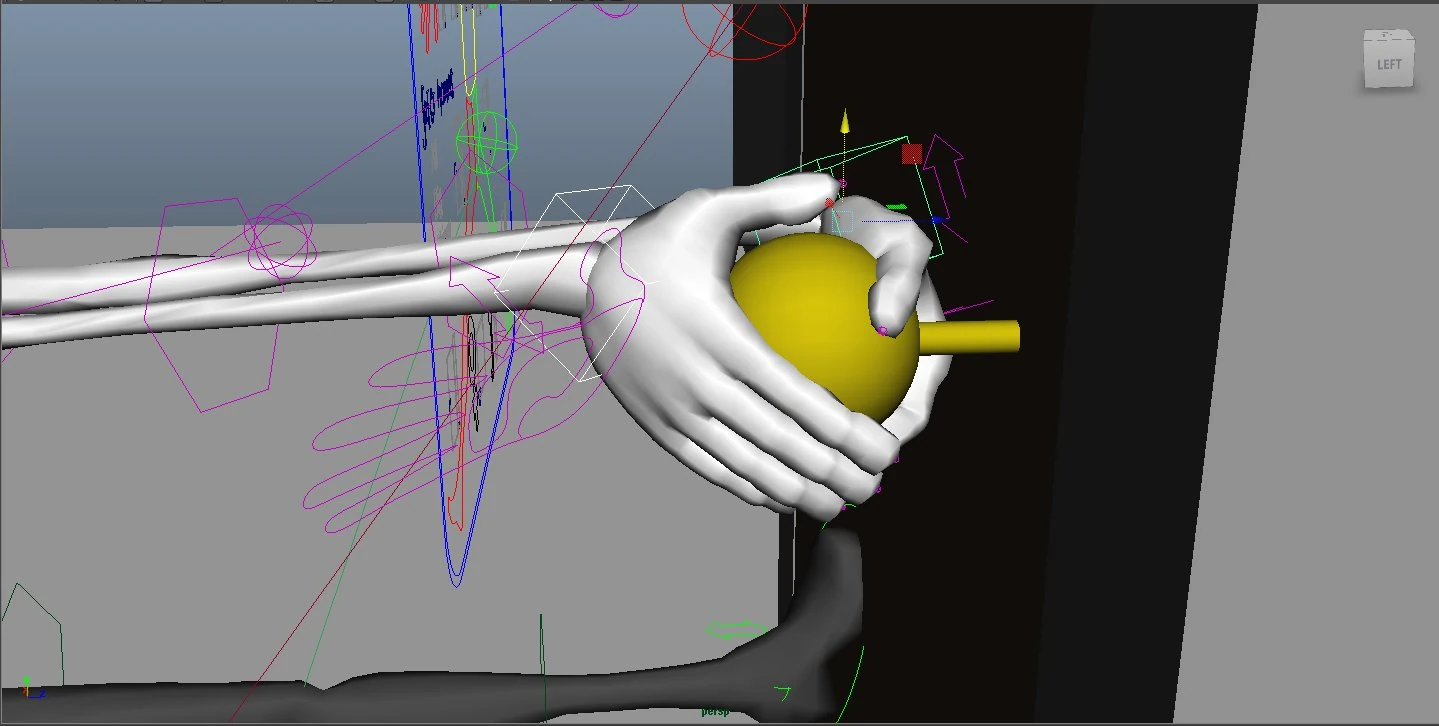 Screenshot Autodesk Maya, with 3D character Morpheus reaching for the doorknob