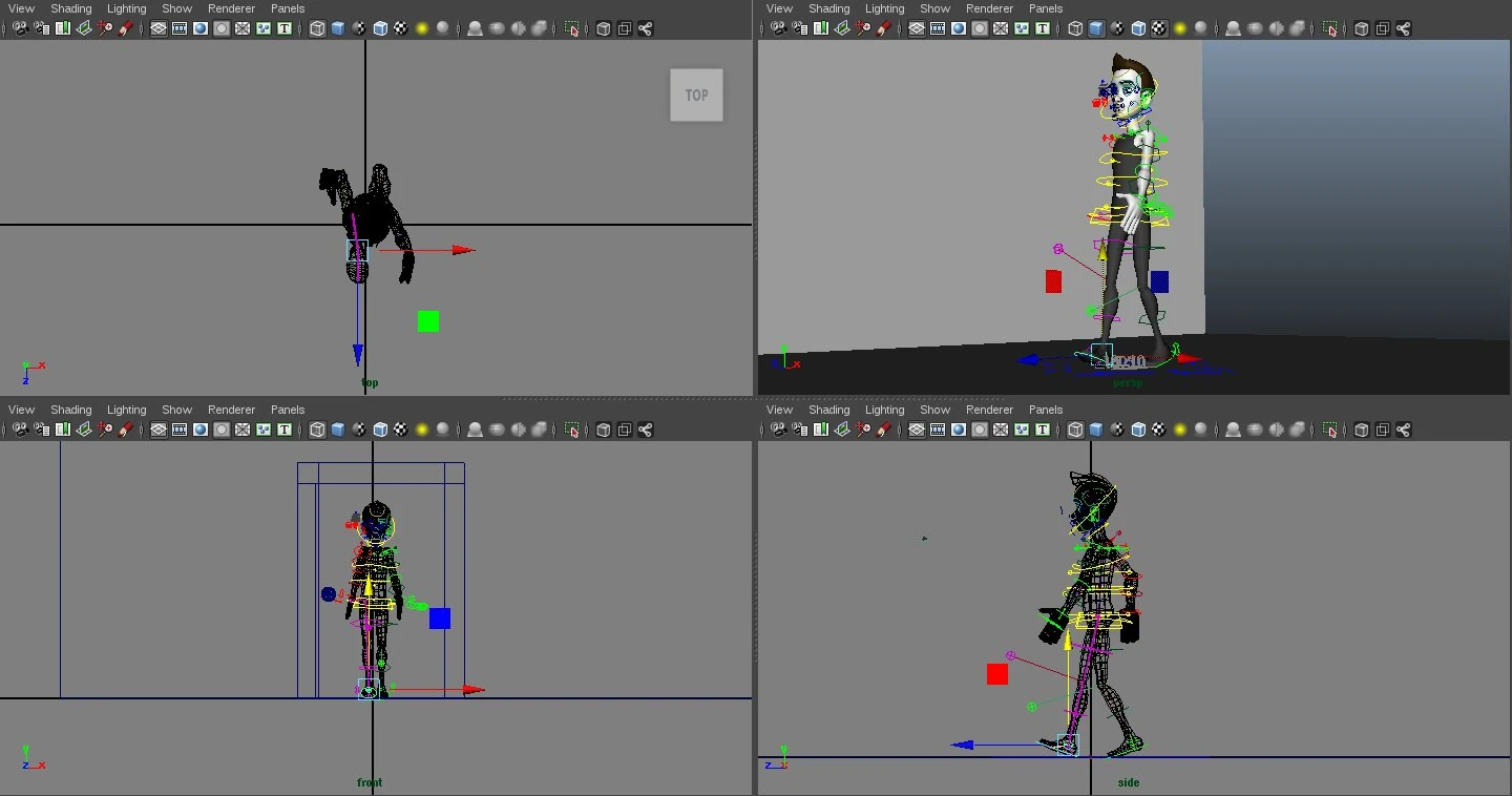 Screenshot Autodesk Maya, with 3D character Morpheus showing the rig from a quad view