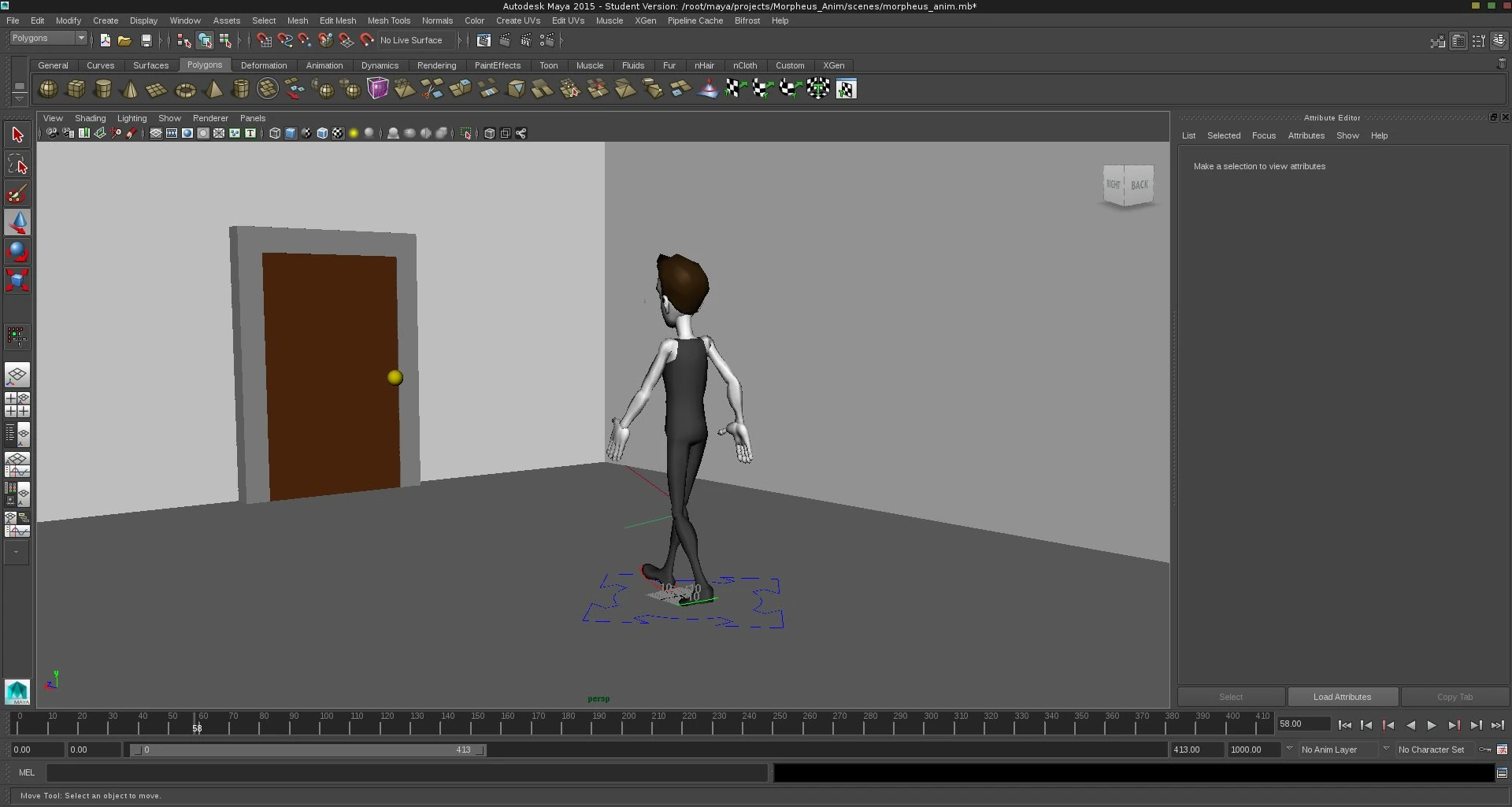 Screenshot Autodesk Maya, with 3D character Morpheus moving toward a door.