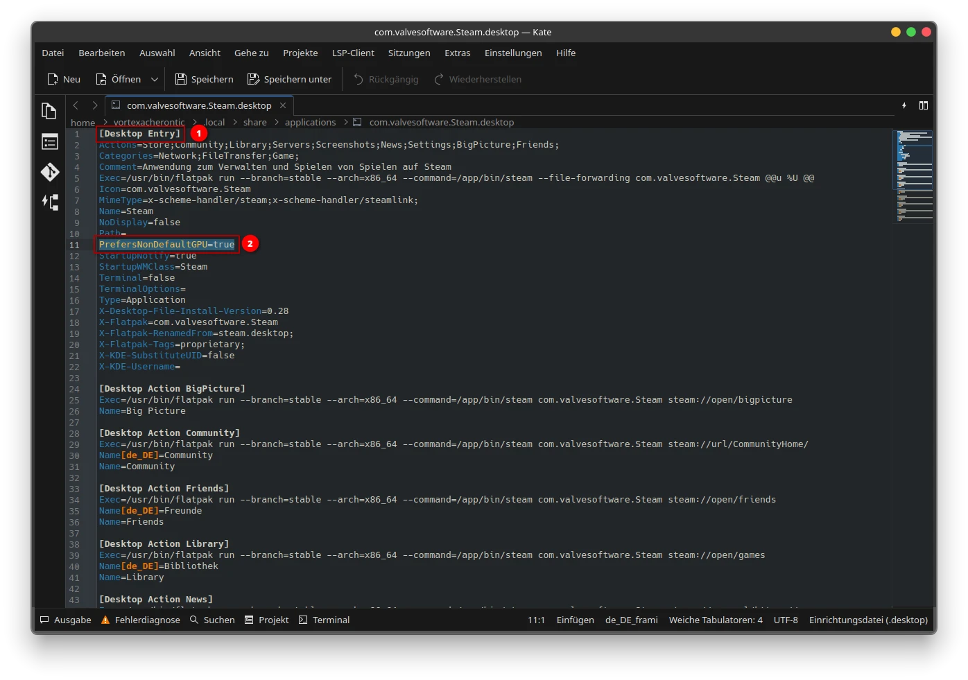 A screenshot of the Kate text editor on Linux, displaying the contents of the com.valvesoftware.Steam.desktop file, a desktop entry configuration file for the Steam Flatpak application. Two lines are highlighted with numbered red callout badges: badge 1 points to the [Desktop Entry] section header on line 1, and badge 2 highlights PrefersNonDefaultGPU=true on line 11, which is a key setting that instructs the system to run Steam on a dedicated GPU rather than the integrated one.