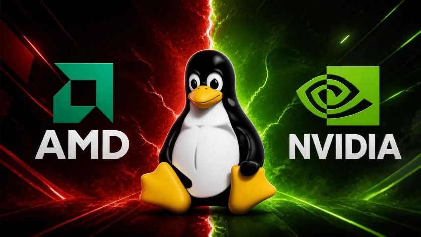 A dramatic promotional-style image depicting the rivalry between AMD and NVIDIA graphics cards on Linux, with Tux the Linux penguin mascot standing in the center. The background is split into two clashing sides, a red, lightning-streaked side on the left bearing the AMD logo, and a green, lightning-streaked side on the right bearing the NVIDIA logo, visually representing the competition between the two GPU manufacturers for Linux driver support and performance.