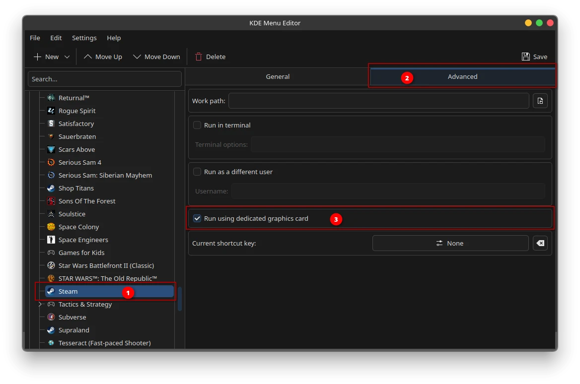A screenshot of the KDE Menu Editor on Linux, showing advanced launch settings for the Steam application, with three numbered callout badges highlighting the key steps. Badge 1 marks Steam selected in the application list on the left, badge 2 highlights the "Advanced" tab selected on the right panel, and badge 3 points to the checked option "Run with dedicated graphics card", illustrating how to force Steam to launch on a dedicated GPU through the KDE graphical interface, as an alternative to manually editing the .desktop file.