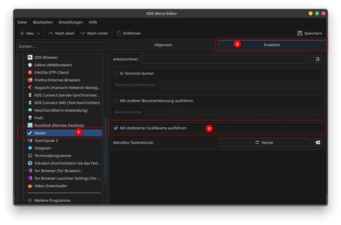 A screenshot of the KDE Menu Editor (KDE-Menü-Editor) on Linux, showing advanced launch settings for the Steam application, with three numbered callout badges highlighting the key steps. Badge 1 marks Steam selected in the application list on the left, badge 2 highlights the "Erweitert" (Advanced) tab selected on the right panel, and badge 3 points to the checked option "Mit dedizierter Grafikkarte ausführen" ("Run with dedicated graphics card") — illustrating how to force Steam to launch on a dedicated GPU through the KDE graphical interface, as an alternative to manually editing the .desktop file.
