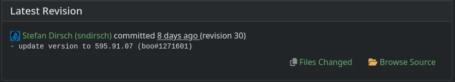 A "Latest Revision" panel from a software repository interface, showing the most recent commit to a package. It displays that user Stefan Dirsch (sndirsch) committed revision 30 eight days ago, with the commit message "update version to 595.91.07 (boo#1271601)", along with two action links, "Files Changed" and "Browse Source", on the bottom right.
