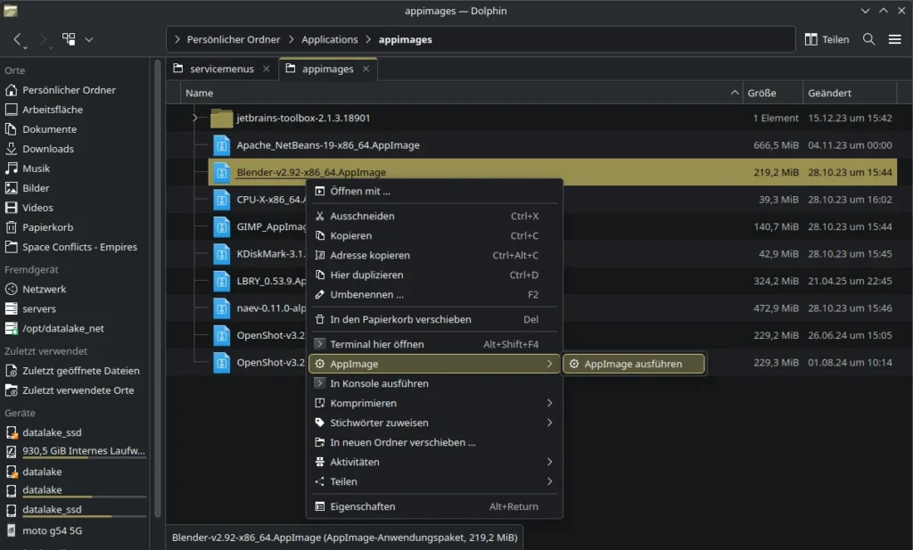 KDE Plasma AppImage Service Menü