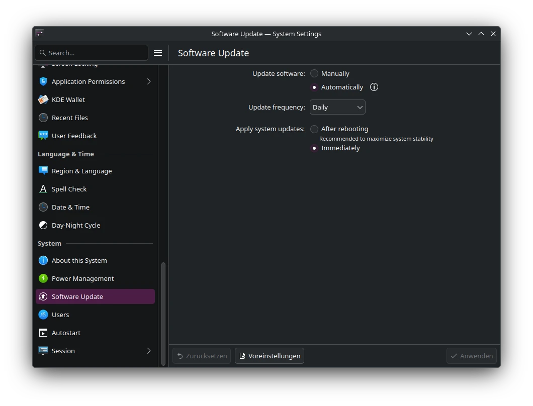 KDE Plasma update settings