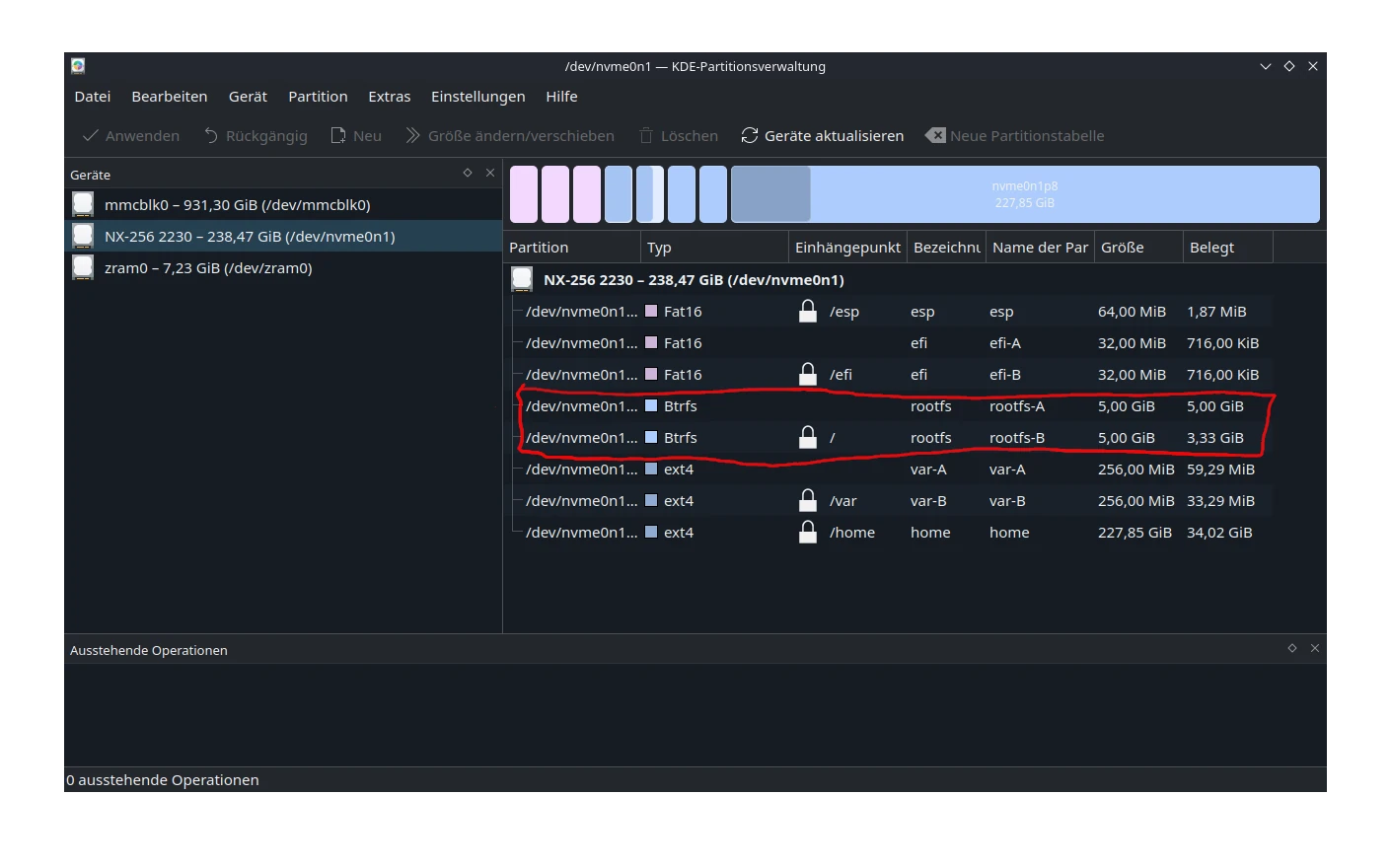 KDisks unter SteamOS zeigt root Partition mit BtrFS formatiert