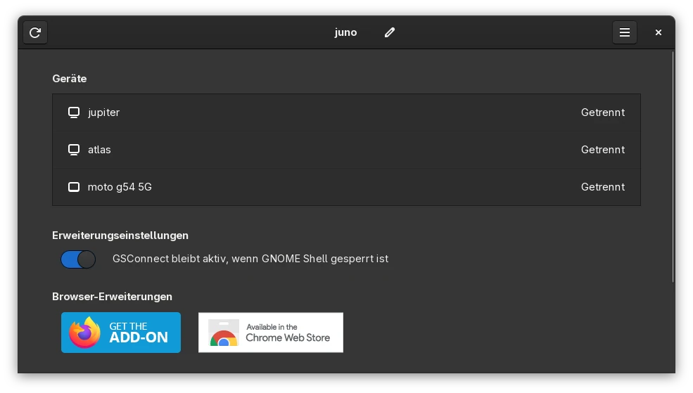 GSConnect unter Gnome, zeigt 3 gekoppelte, aber nicht verbundene Geräte