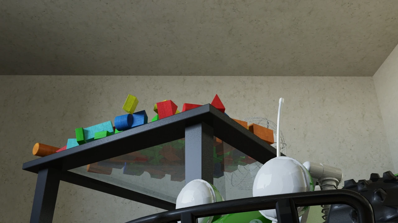 Full on the blocks - View from below, toy car in the foreground