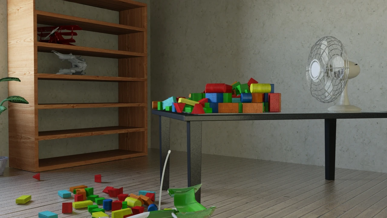 Full on the blocks - Last image of the animation, with keyframed physics simulation